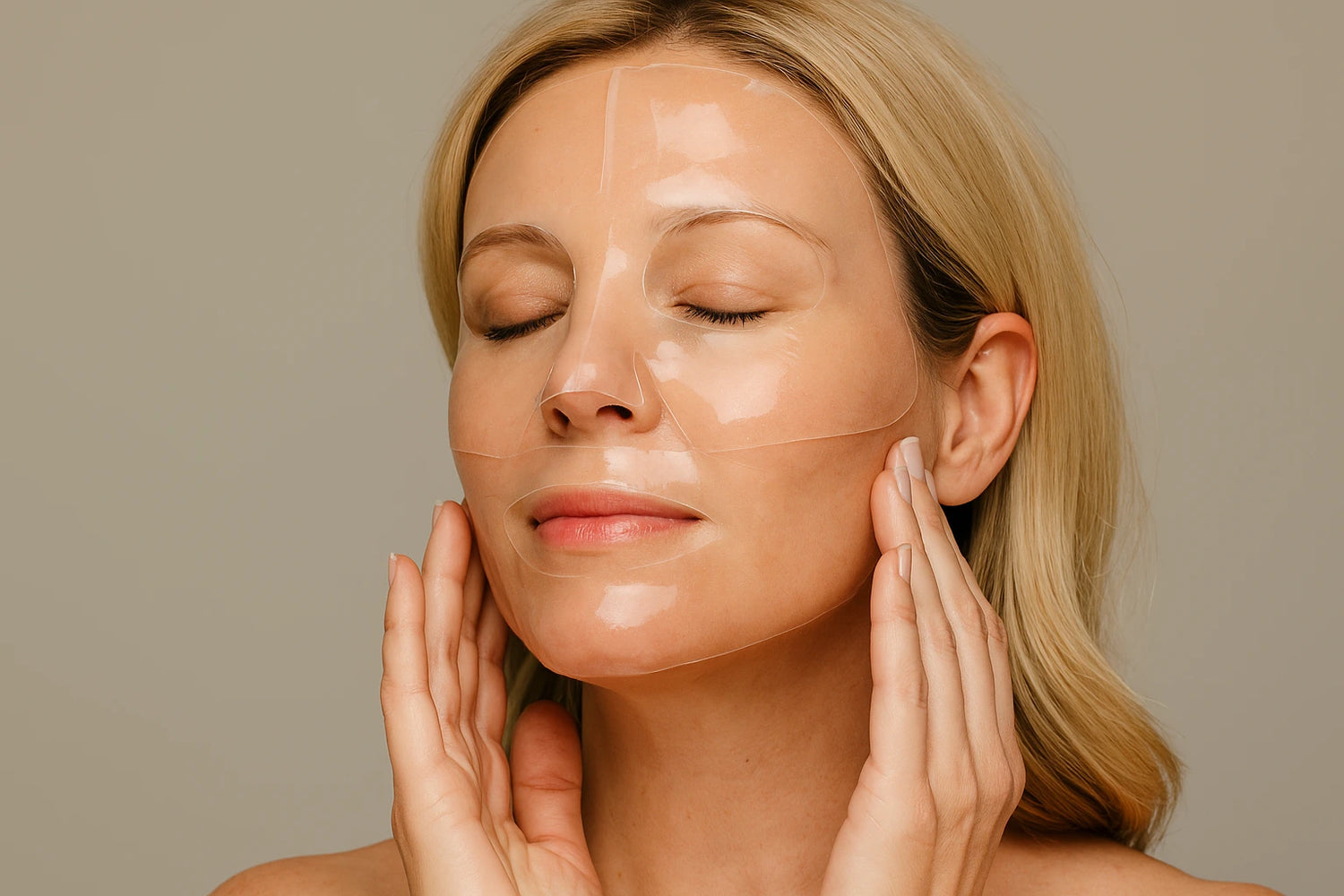 Woman applying a skincare product to her face with a neutral background