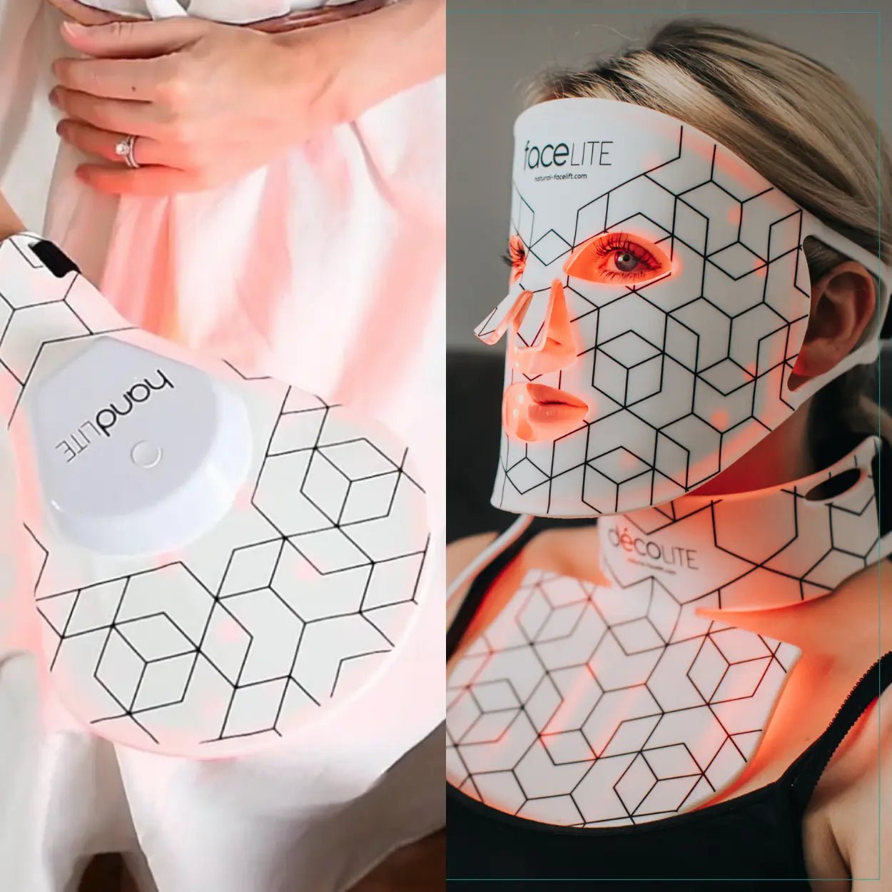 A woman using faceLITE, decoLITE and handLITE products simultaneously