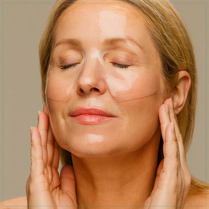 A woman applying a faceLITE Hydrogel Mask